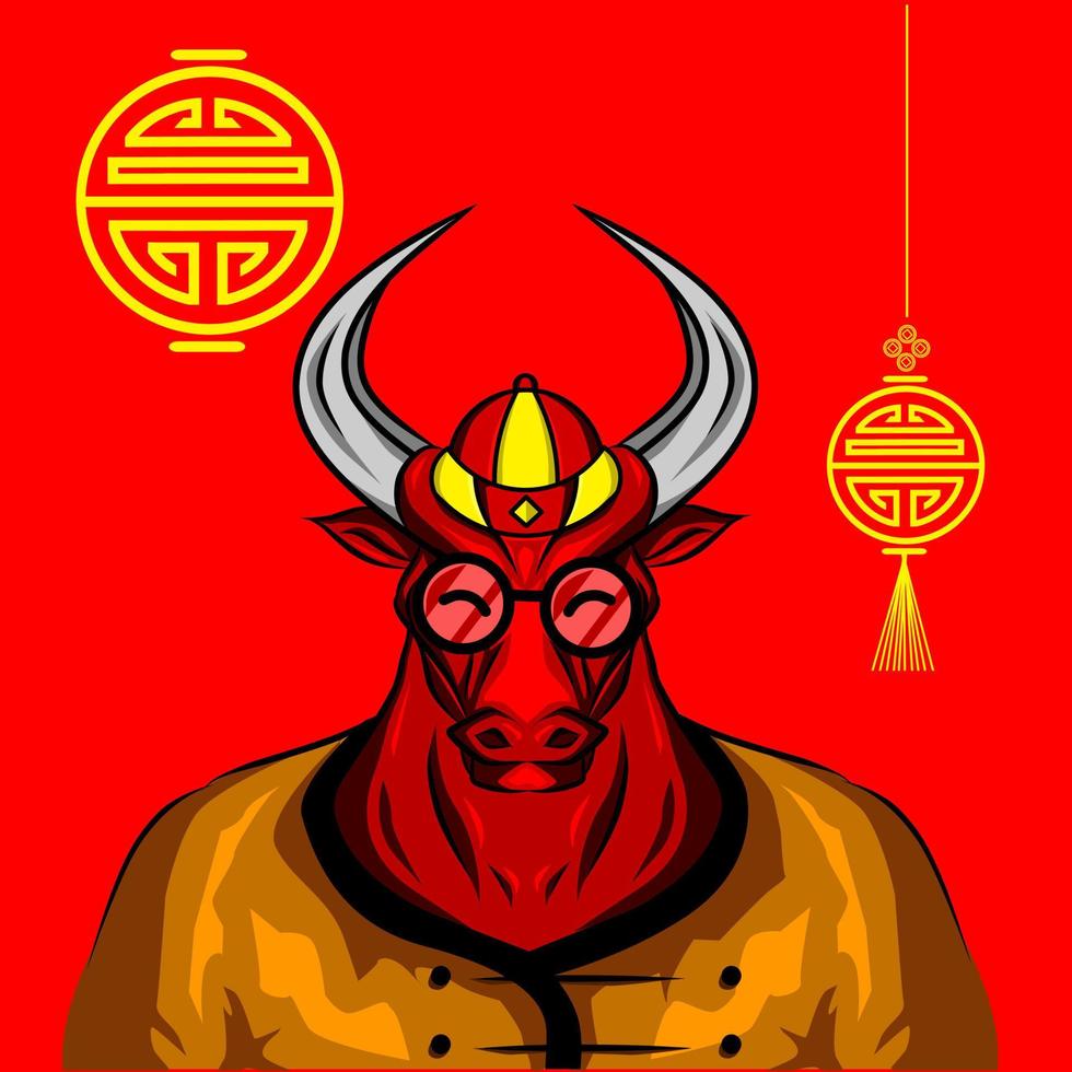 Wild ox buffalo cow bull chinese zodiac sign symbol logo mascot on lunar new year vector