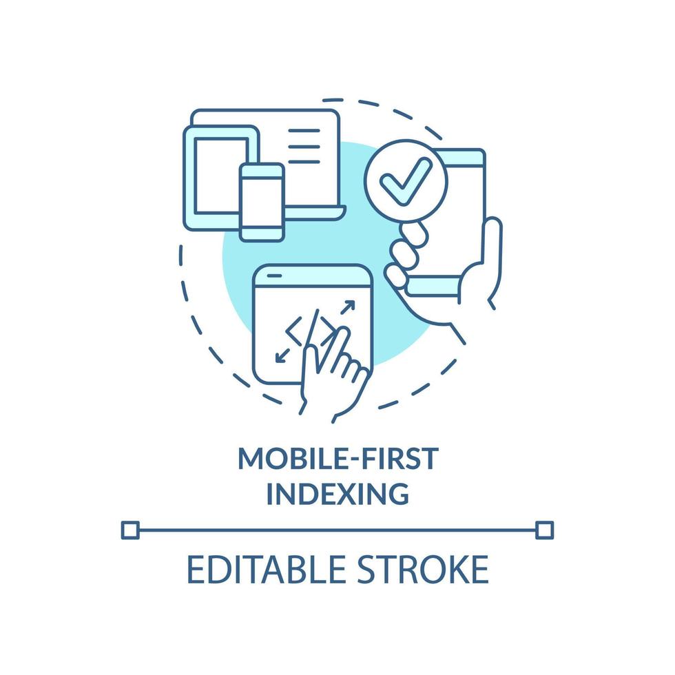 Mobile-first indexing turquoise concept icon. Search engine optimization abstract idea thin line illustration. Isolated outline drawing. Editable stroke. vector