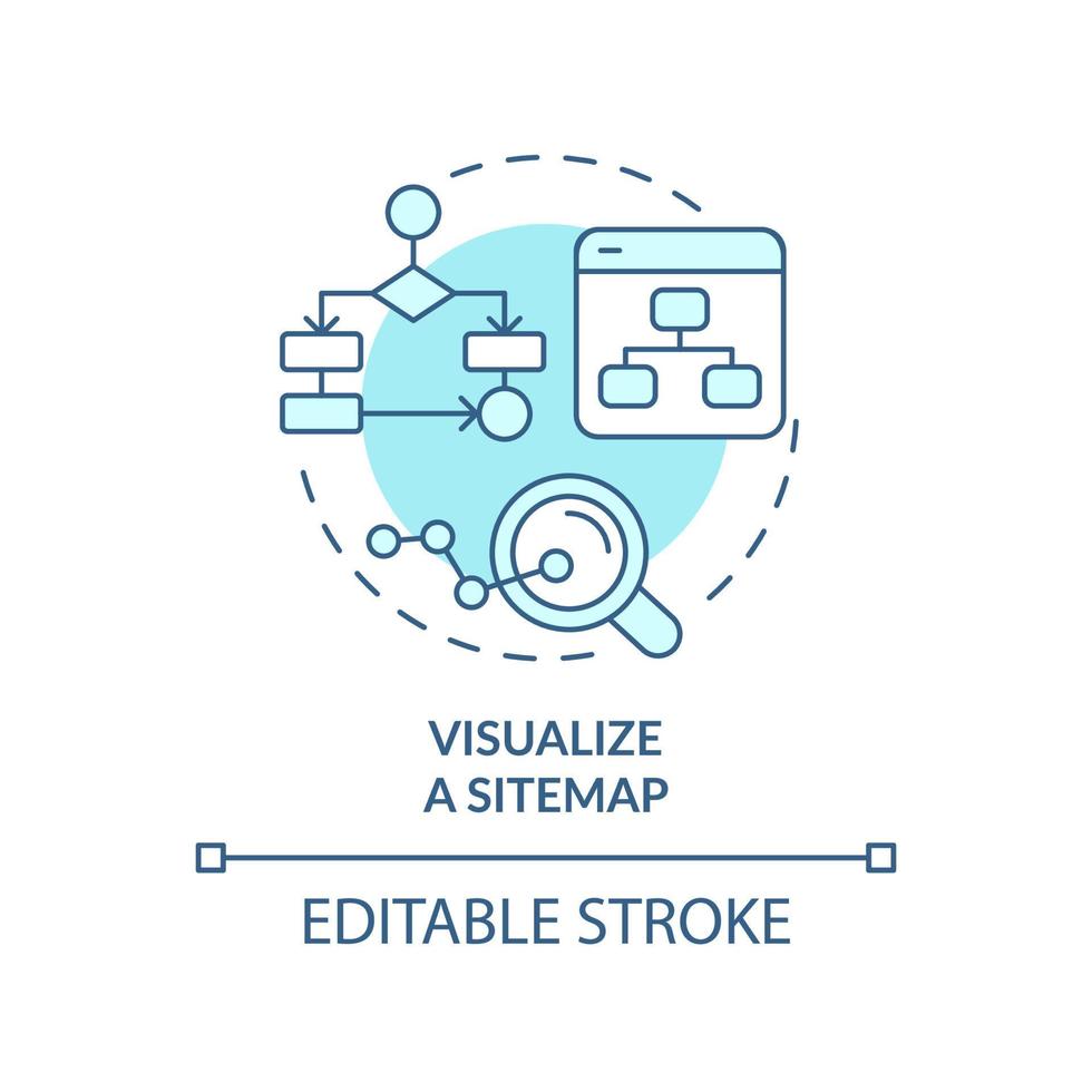 Visualize sitemap turquoise concept icon. Webpages relationship. Advanced SEO abstract idea thin line illustration. Isolated outline drawing. Editable stroke. vector