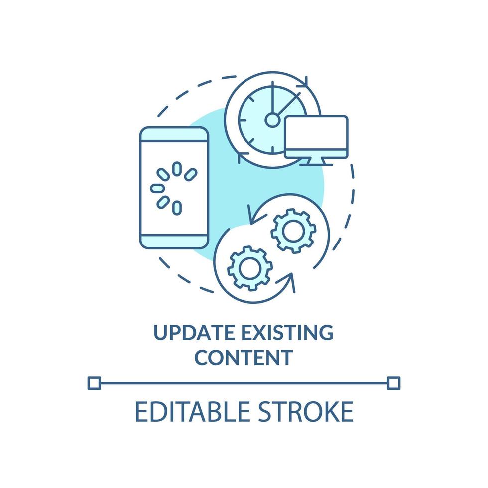 Update existing content turquoise concept icon. Upgrade information. Advanced SEO abstract idea thin line illustration. Isolated outline drawing. Editable stroke. vector