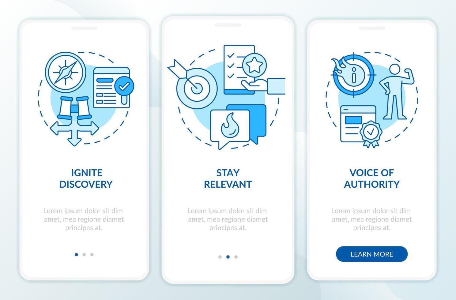 pilares de optimización de motores de búsqueda pantalla de aplicación móvil de incorporación azul. tutorial 3 pasos instrucciones gráficas editables con conceptos lineales. interfaz de usuario, ux, plantilla de interfaz gráfica de usuario. vector