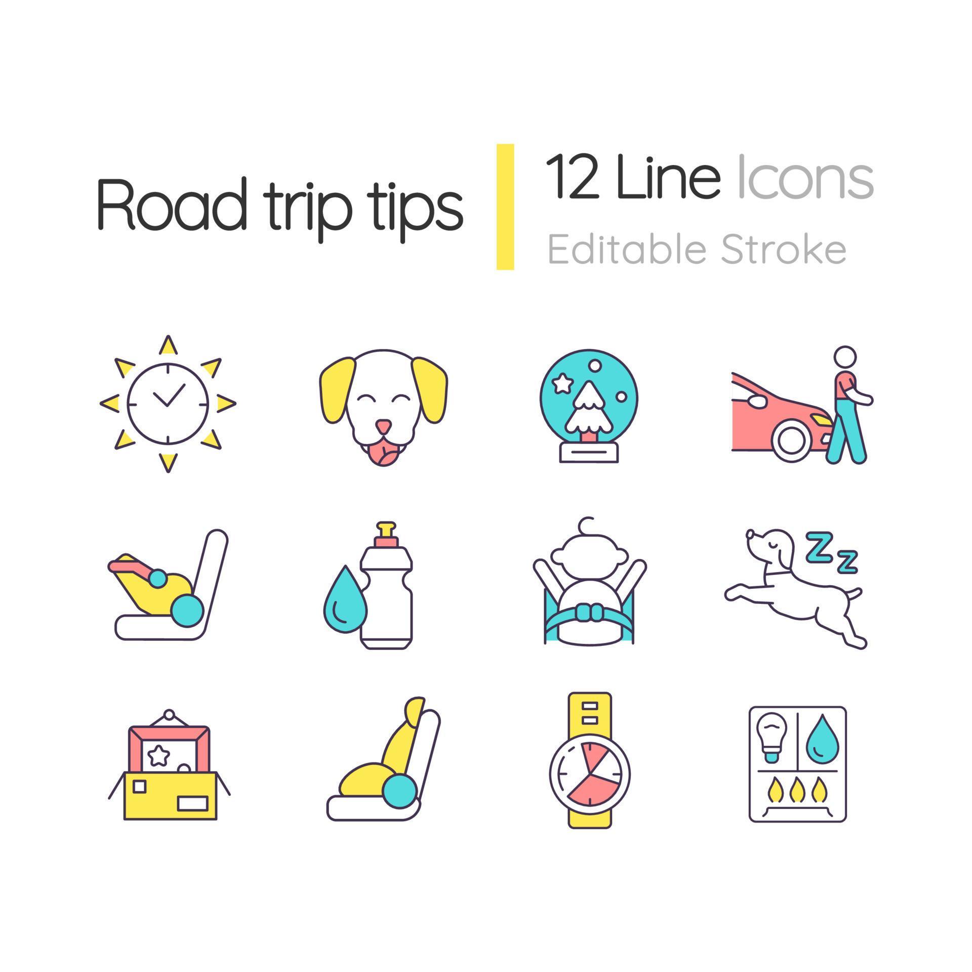 Road trip tips RGB color icons set. Car adventure. Automobile travel