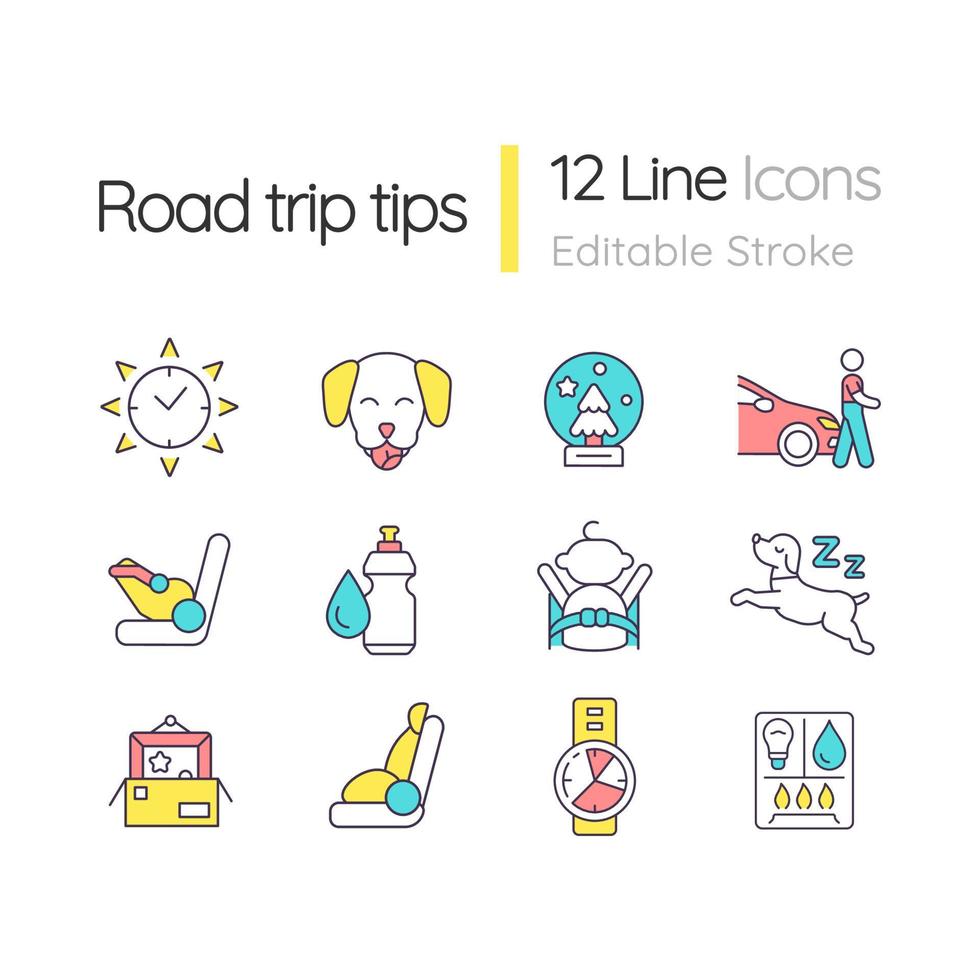 conjunto de iconos de color rgb de consejos de viaje por carretera. aventura en coche viaje en automóvil. conduccion segura. ilustraciones vectoriales aisladas. colección de dibujos de líneas llenas simples. trazo editable. vector