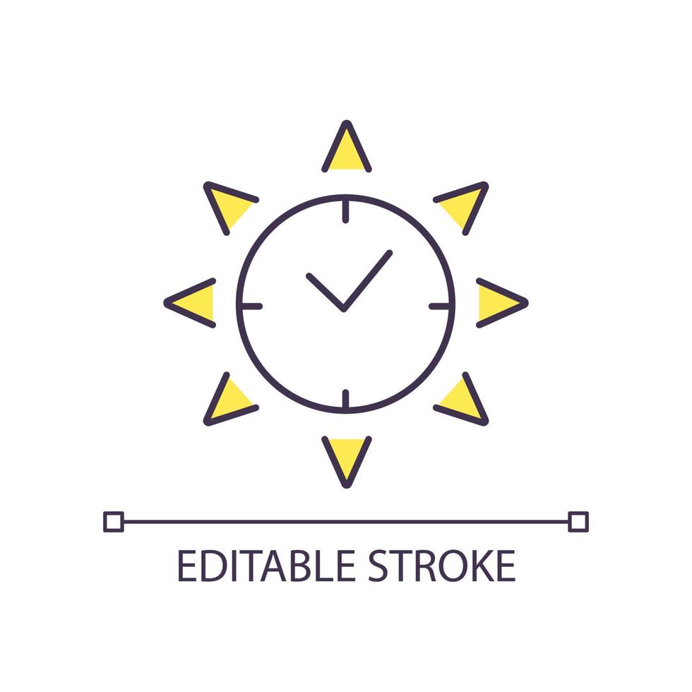Day time RGB color icon. Working and business hours. Midday and noon. Sunbeams. Summertime weather. Isolated vector illustration. Simple filled line drawing. Editable stroke.