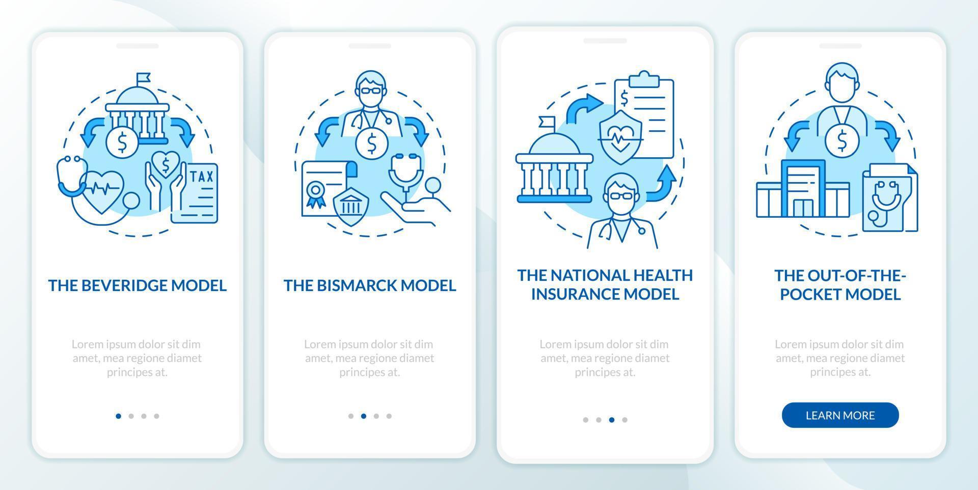 el sistema de salud modela la pantalla azul de la aplicación móvil de incorporación. tutorial 4 pasos instrucciones gráficas editables con conceptos lineales. interfaz de usuario, ux, plantilla de interfaz gráfica de usuario. vector