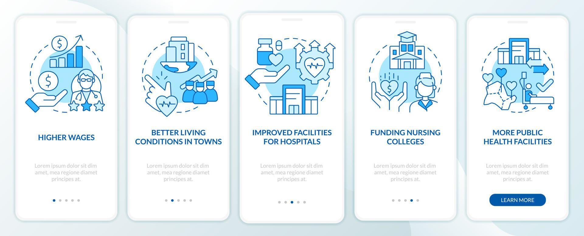 Improving healthcare access blue onboarding mobile app screen. Walkthrough 5 steps editable graphic instructions with linear concepts. UI, UX, GUI template. vector