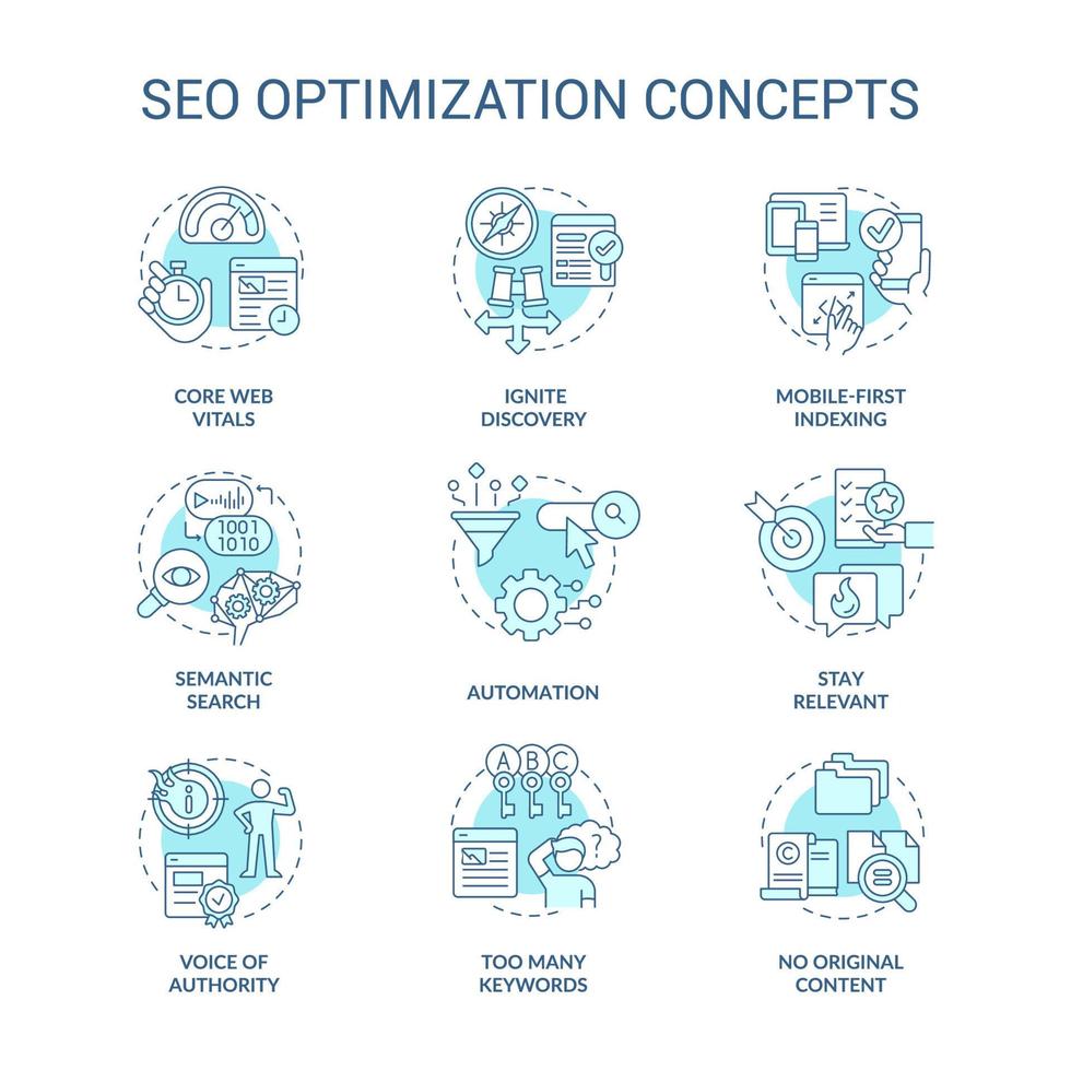 SEO optimization turquoise concept icons set. Internet marketing. Website promotion idea thin line color illustrations. Isolated symbols. Editable stroke. vector