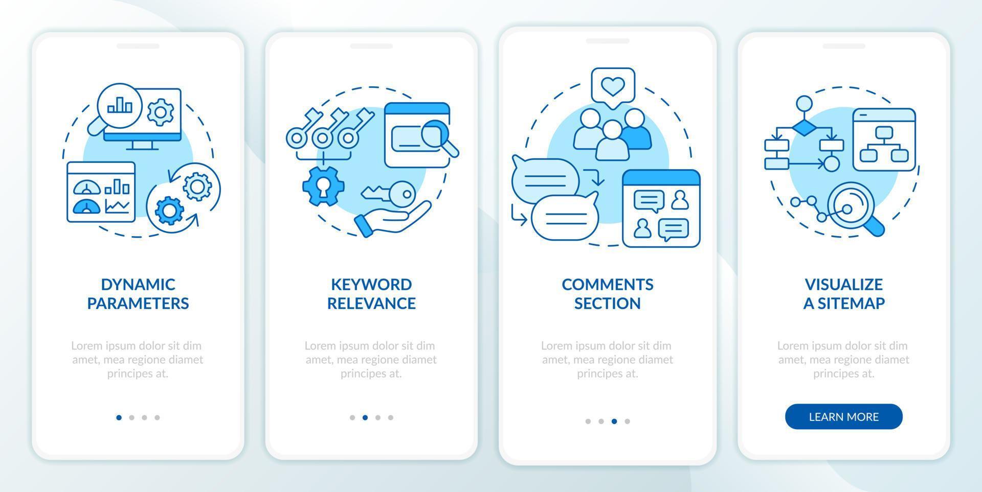 pantalla de aplicación móvil de integración azul de optimización de motor de búsqueda avanzada. tutorial 4 pasos instrucciones editables con conceptos lineales. interfaz de usuario, ux, plantilla de interfaz gráfica de usuario. vector