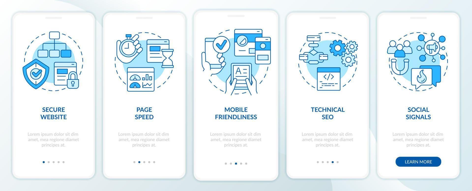 SEO ranking factors blue onboarding mobile app screen. Walkthrough 5 steps editable graphic instructions with linear concepts. UI, UX, GUI template. vector