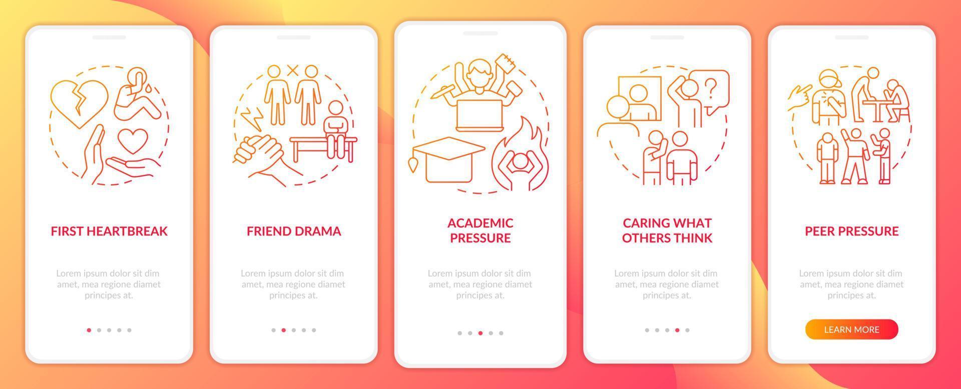 problemas comunes de adolescentes pantalla de aplicación móvil de incorporación de degradado rojo. Instrucciones gráficas de 5 pasos de drama de amigos con conceptos lineales. interfaz de usuario, ux, plantilla de interfaz gráfica de usuario. vector