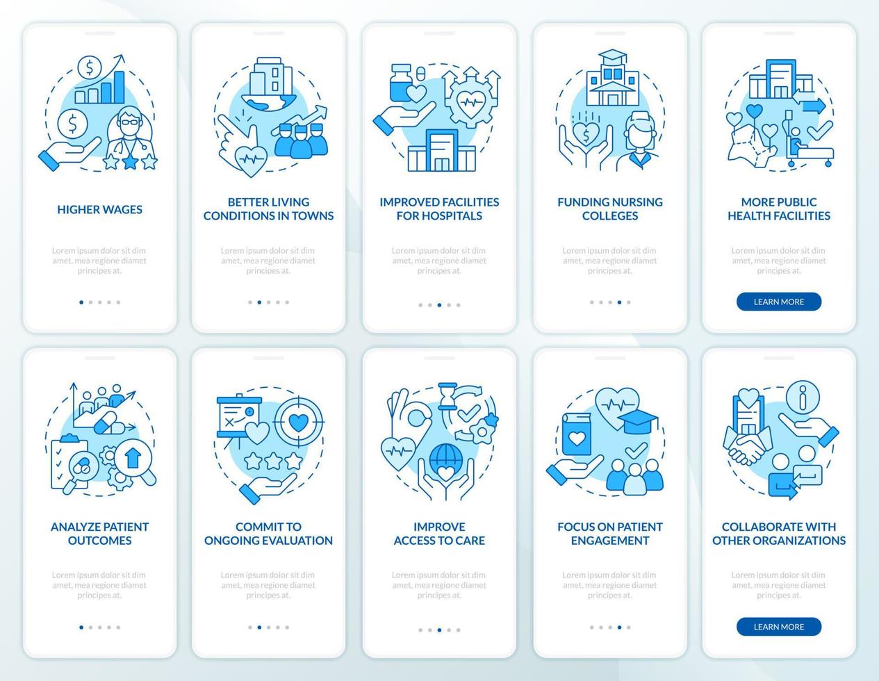 Health system transformation blue onboarding mobile app screen set. Walkthrough 5 steps editable graphic instructions with linear concepts. UI, UX, GUI template. vector