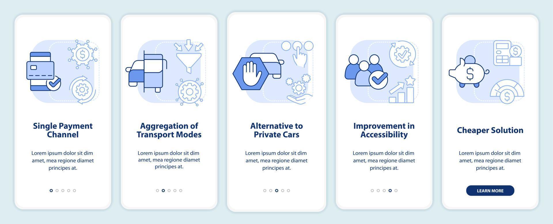 Mobility as service value light blue onboarding mobile app screen. Walkthrough 5 steps editable graphic instructions with linear concepts. UI, UX, GUI template. vector