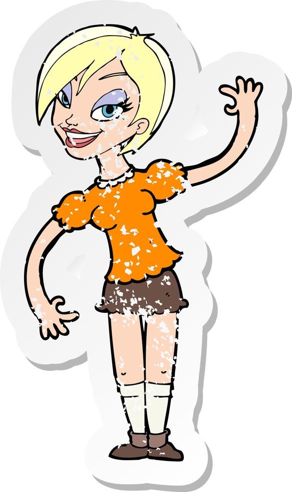 retro distressed sticker of a cartoon girl waving vector