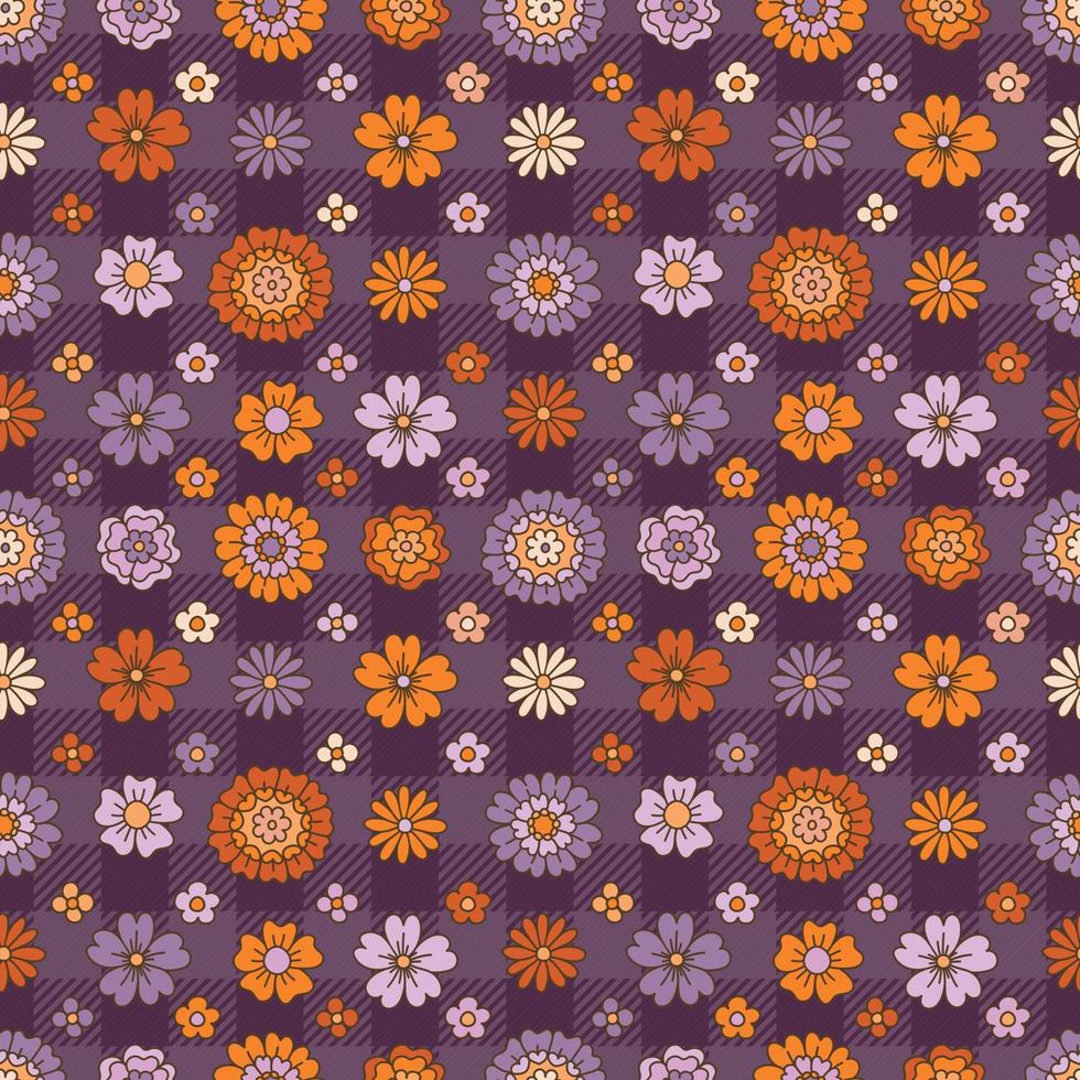 Purple checkered pattern and vintage daisy flowers. Fall boho seamless pattern. vector