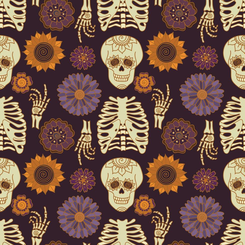 Vector Bohemian Halloween seamless pattern design. Autumn flowers and sculls print design. Day of the dead repeat background.
