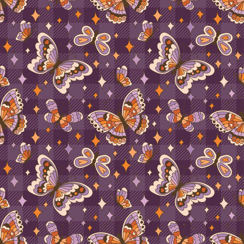 fondo bohemio de halloween. patrón sin costuras mágico de estrellas y mariposas. Papel digital de los años 70 en estilo retro. vector