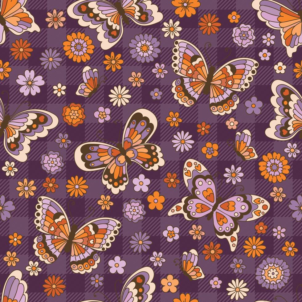 patrón de costuras de mariposas y tela escocesa de búfalo violeta. vector