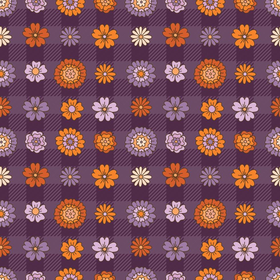 Groovy daisy flowers buffalo plaid seamless pattern. vector