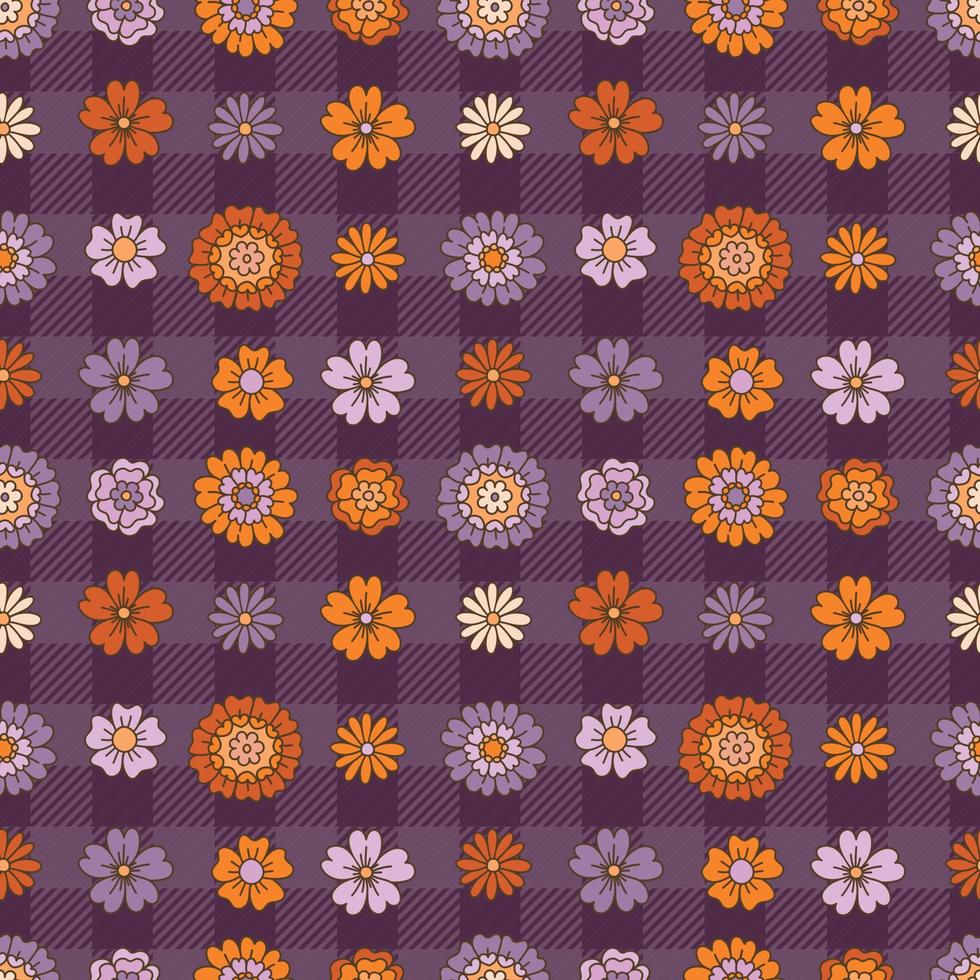 Groovy daisy flowers buffalo plaid seamless pattern. vector