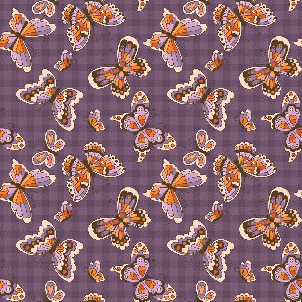 tela escocesa púrpura y mariposas iridiscentes caen de fondo recurrente. Patrón sin costuras de los años 70 con insectos en un estilo vintage bohemio. vector