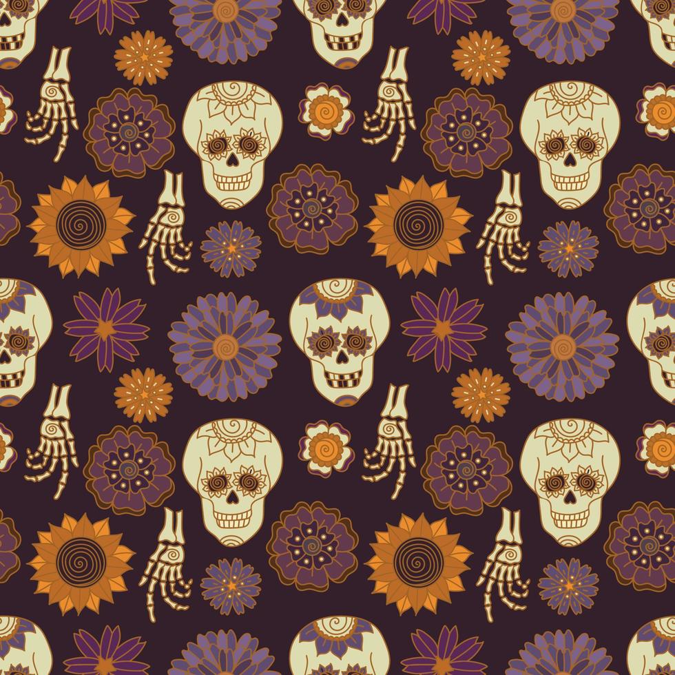 Seamless pattern with skulls and autumn flowers on purple background. Hand drawn Bohemian Halloween vector texture. Repeating pattern with bones and sunflowers.