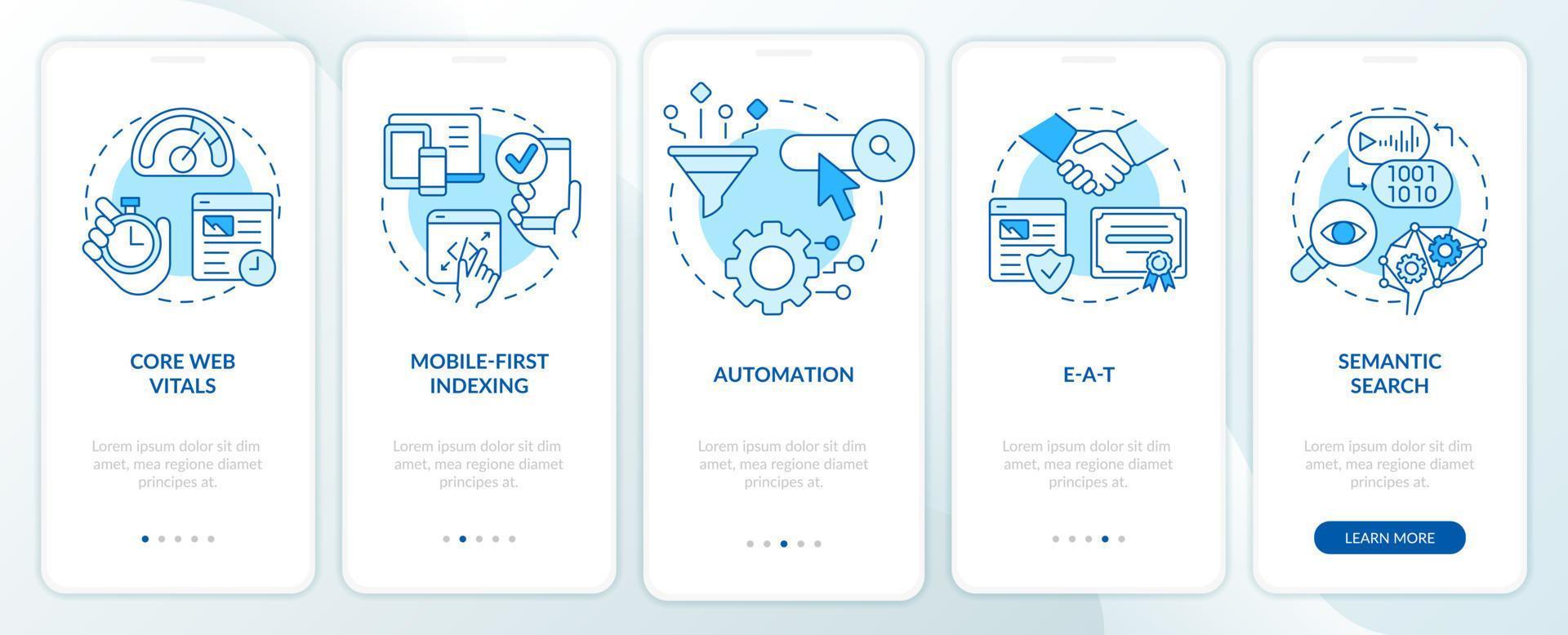 Search engine optimization concepts blue onboarding mobile app screen. Walkthrough 5 steps editable instructions with linear concepts. UI, UX, GUI template. vector