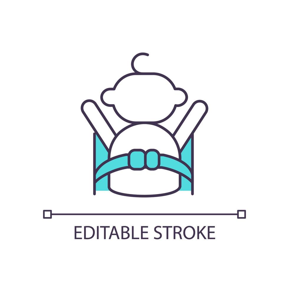 Child safety in car RGB color icon. Fasten seat belt. Baby protection in automobile. Safe roadtrip. Isolated vector illustration. Simple filled line drawing. Editable stroke.