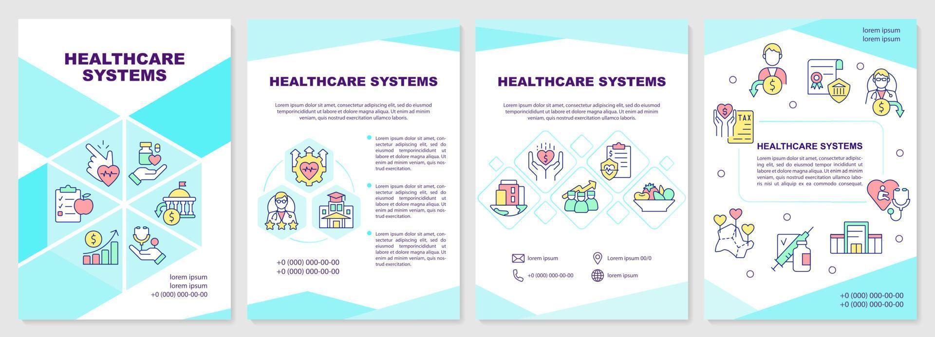 Healthcare systems turquoise brochure template. Improvement. Leaflet design with linear icons. Editable 4 vector layouts for presentation, annual reports.