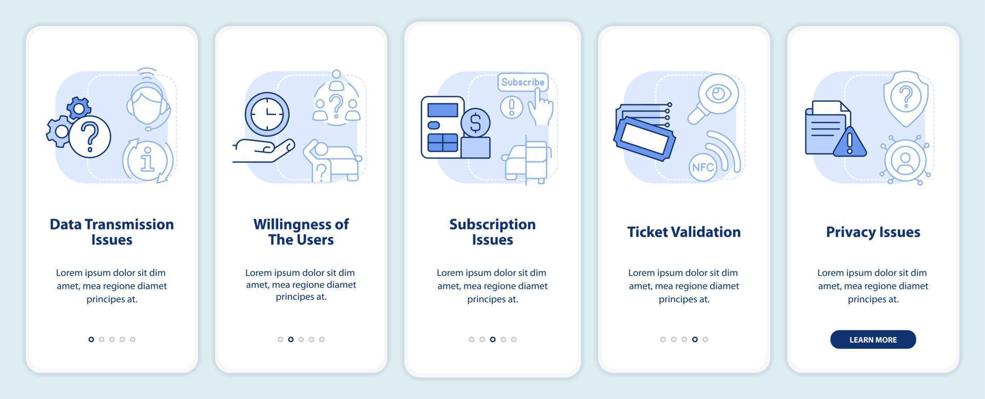 MaaS issues light blue onboarding mobile app screen. Disadvantages walkthrough 5 steps editable graphic instructions with linear concepts. UI, UX, GUI template. vector