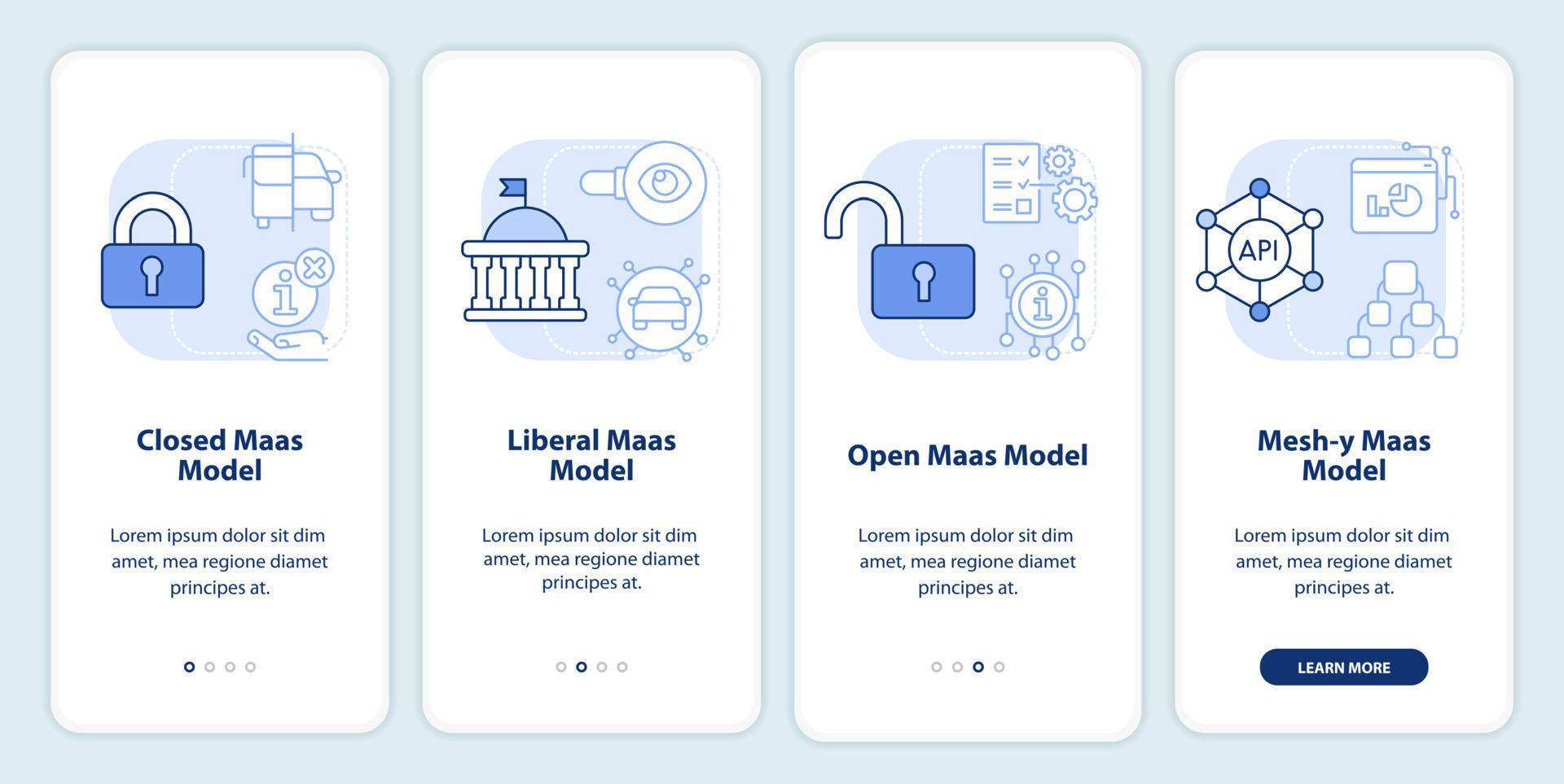 MaaS models light blue onboarding mobile app screen. Digital system walkthrough 4 steps editable graphic instructions with linear concepts. UI, UX, GUI template. vector