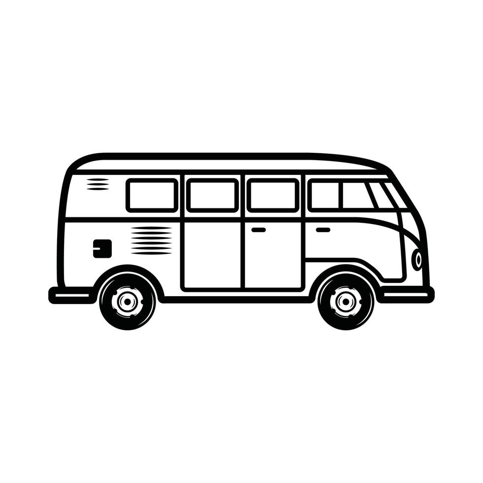 Vintage retro van bus for camping. Can be used like emblem, logo, badge, label. mark, poster or print. Monochrome Graphic Art. vector