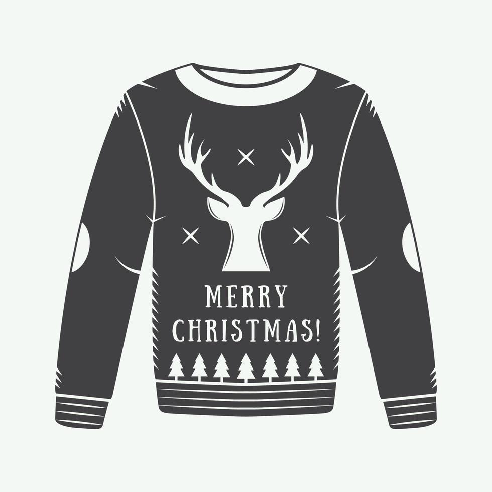 Vintage Christmas winter sweater with deer, trees, stars and design elements in retro style. Can be used for logo, emblems, badges, labels and watermarks. Vector illustration