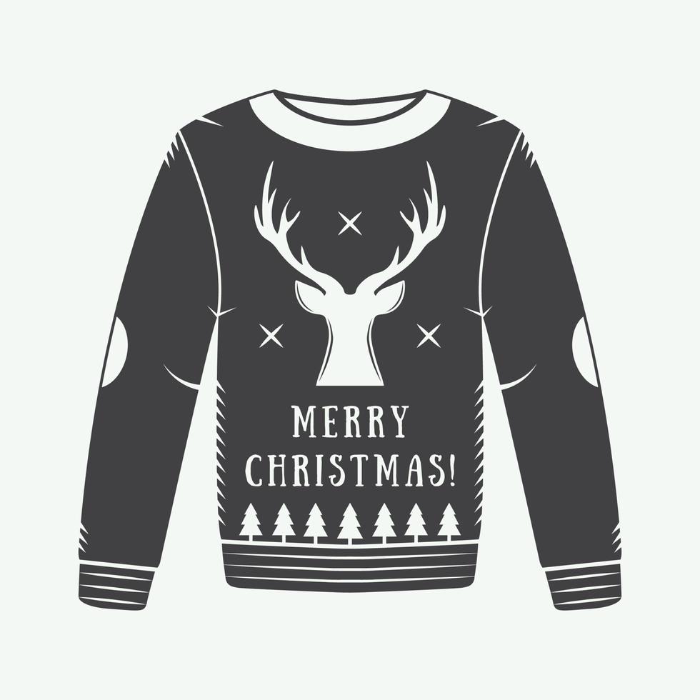 Vintage Christmas winter sweater with deer, trees, stars and design elements in retro style. Can be used for logo, emblems, badges, labels and watermarks. Vector illustration