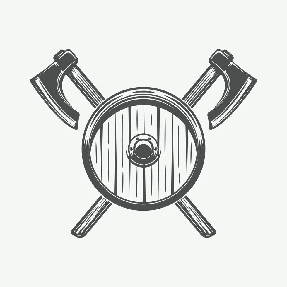 Vintage cross axes and shield in retro style. Can be used for logo, emblem, badge, label, stamp or mark. Monochrome graphic Art. Vector Illustration.