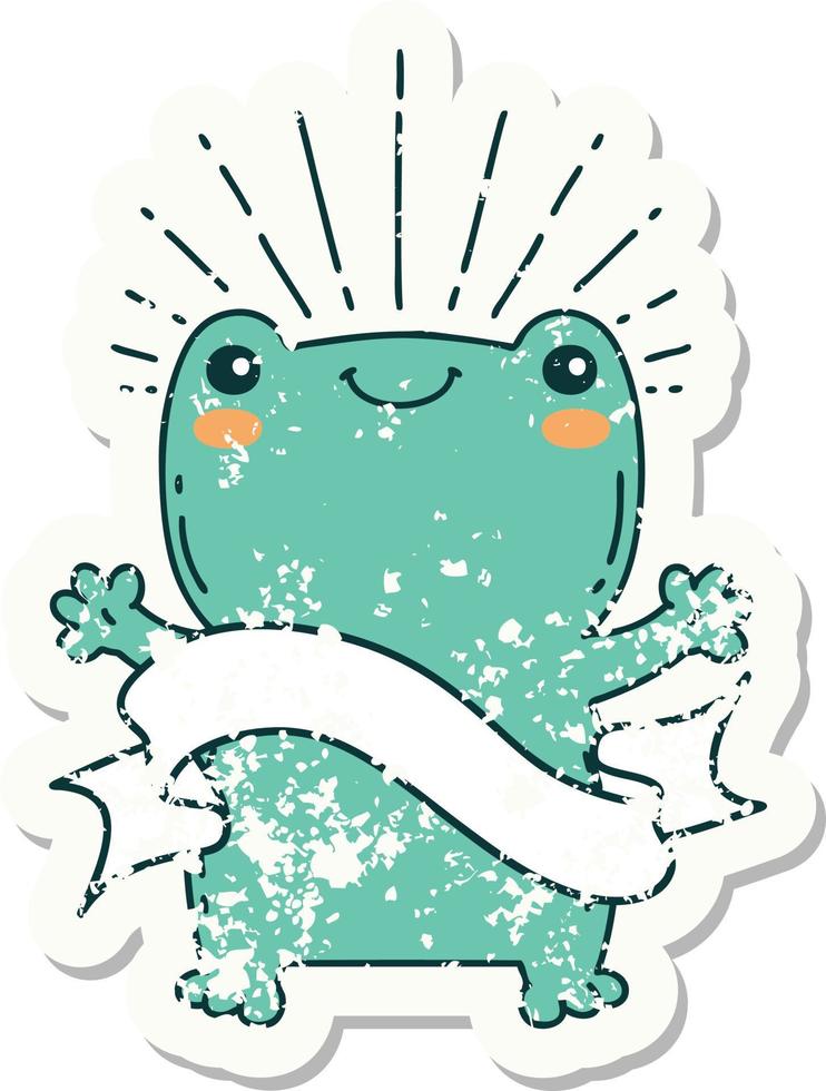 worn old sticker of a tattoo style happy frog vector