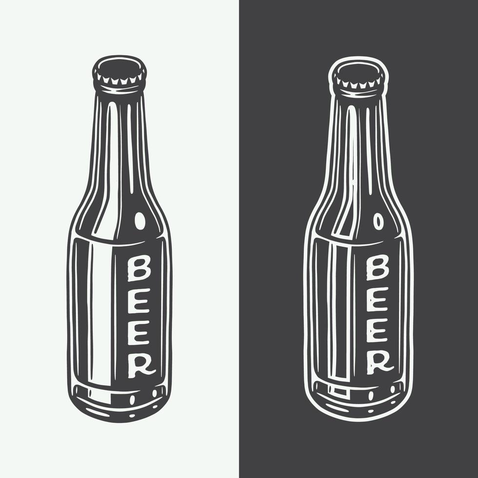 Vintage retro woodcut engraving wooden beer bottles. Can be used like emblem, logo, badge, label. mark, poster or print. Monochrome Graphic Art. Vector Illustration.