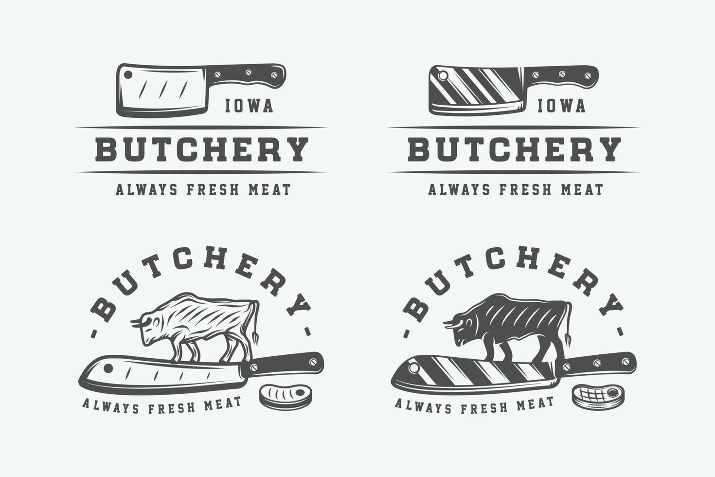 Set of vintage butchery meat, steak or bbq logos, emblems, badges, labels. Monochrome Graphic Art. Vector Illustration.