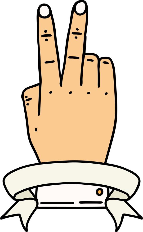 Retro Tattoo Style victory v hand gesture with banner vector