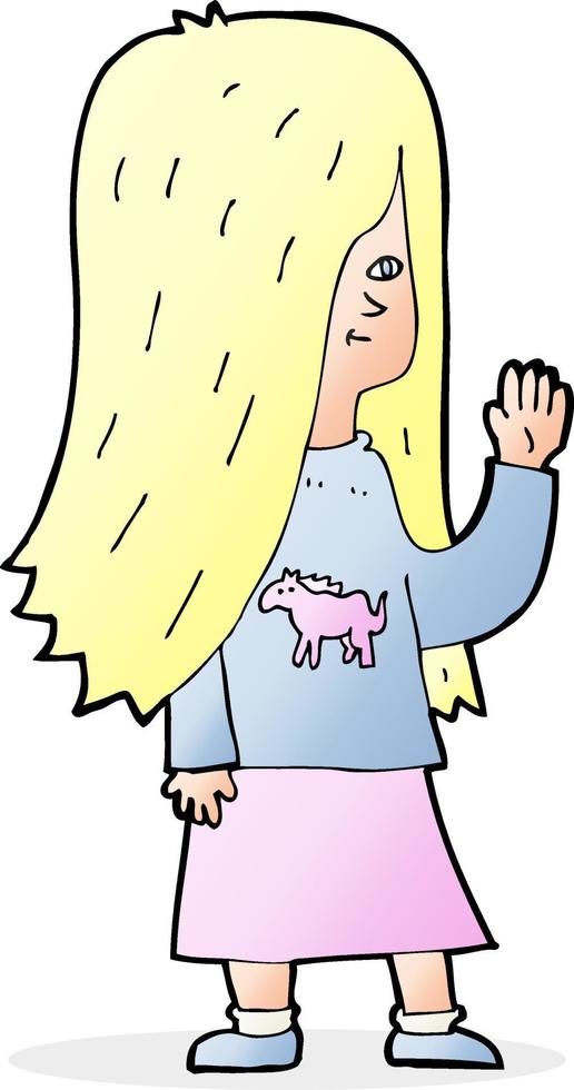 caricatura, niña, con, pony, camisa, ondulación vector