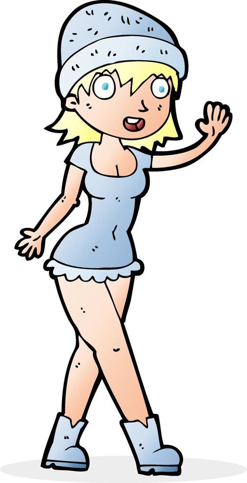 cartoon pretty girl in hat waving vector