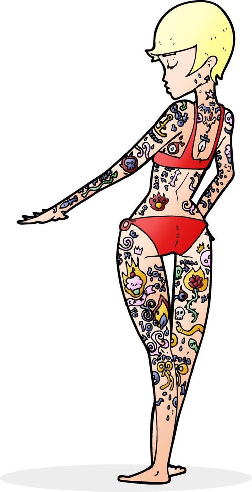 caricatura, biquini, niña, cubierto, en, tatuajes vector