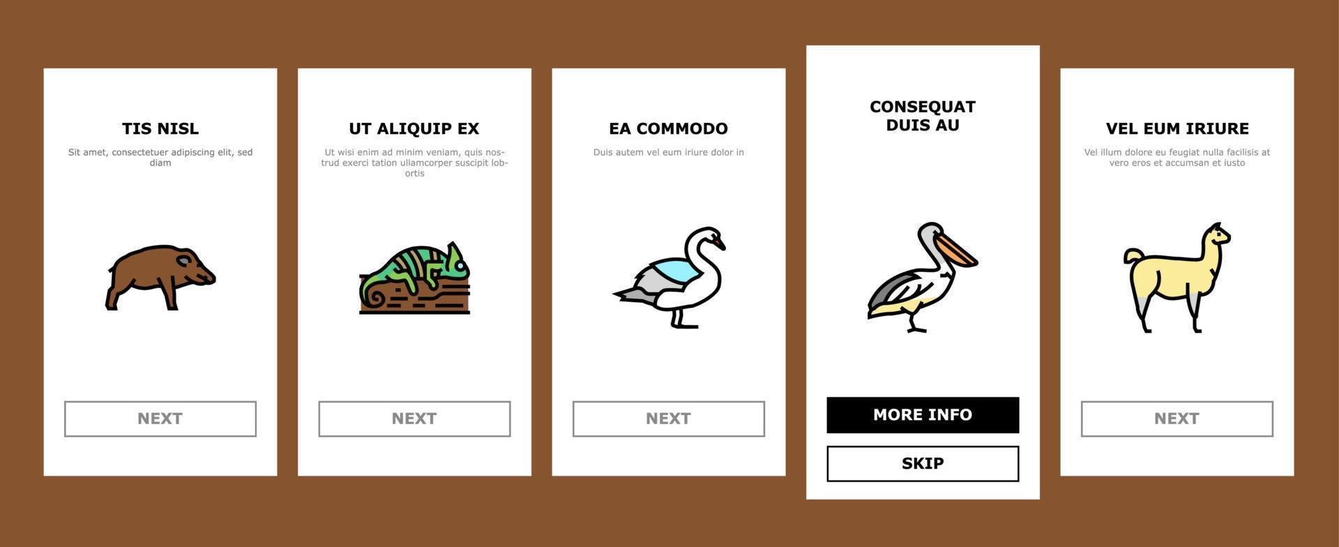 Wild Animals, Bugs And Birds Onboarding Icons Set Vector