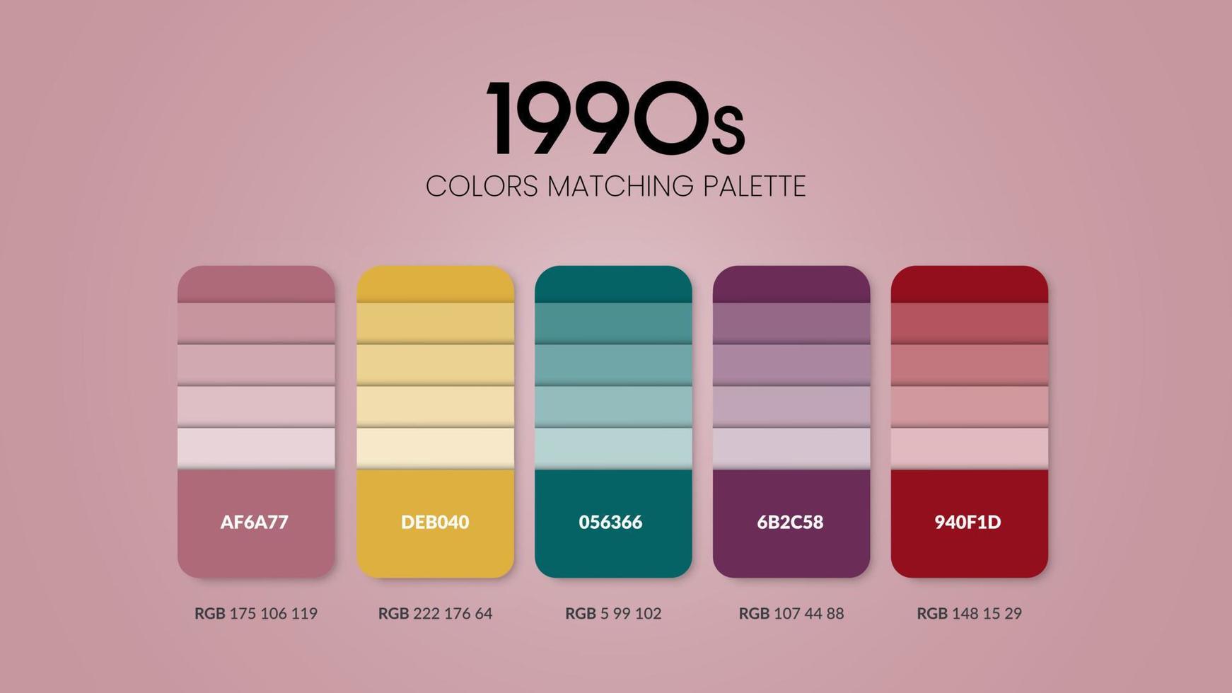 Ideas de esquemas de color de la década de 1990. combinaciones de tendencias de color y guía de paleta. ejemplo de tonos de color de tabla en rgb y hex.muestra de color para moda, hogar, diseño de interiores o cataloque.vector de carta de colores. vector