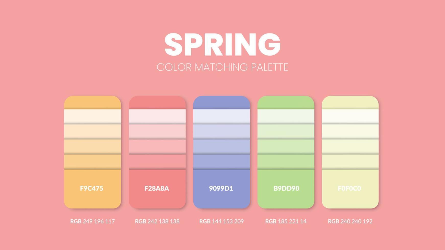 Las paletas de colores del tema de la primavera o los esquemas de colores son combinaciones de tendencias y guías de paletas de este año, una tabla de tonos de colores en rgb o hexadecimal. una muestra de color para una moda de primavera, un hogar o un diseño de interiores. vector