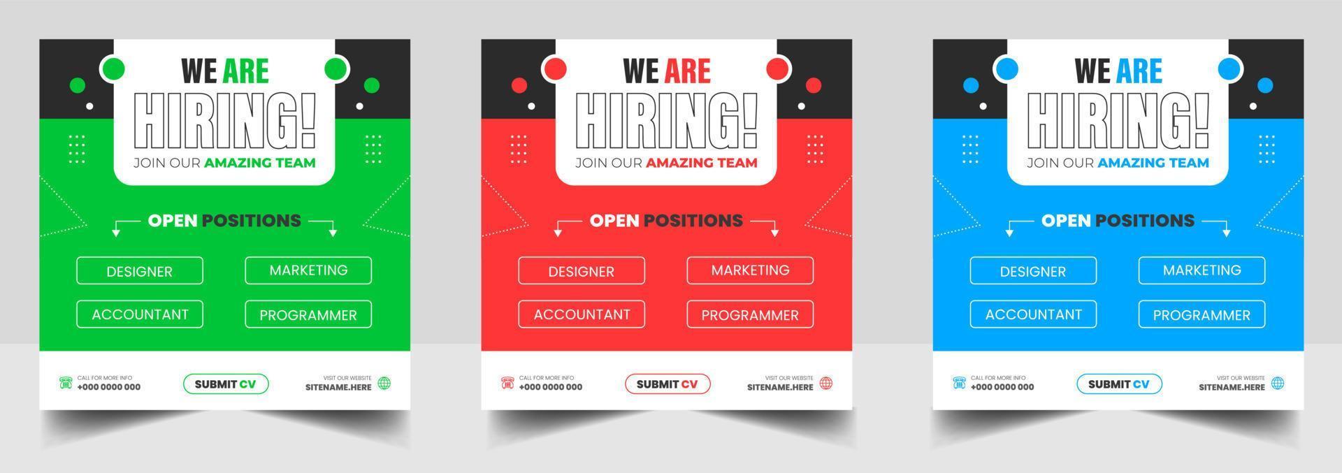 We are hiring job vacancy social media post banner design template with green, red and blue color. We are hiring job vacancy square web banner design. vector