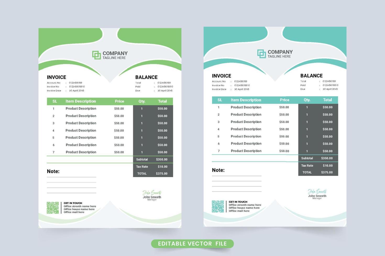 Creative invoice template vector with abstract shapes. Product price and business info section with cash receipts. Payment agreement and invoice bill template design with green and blue color.