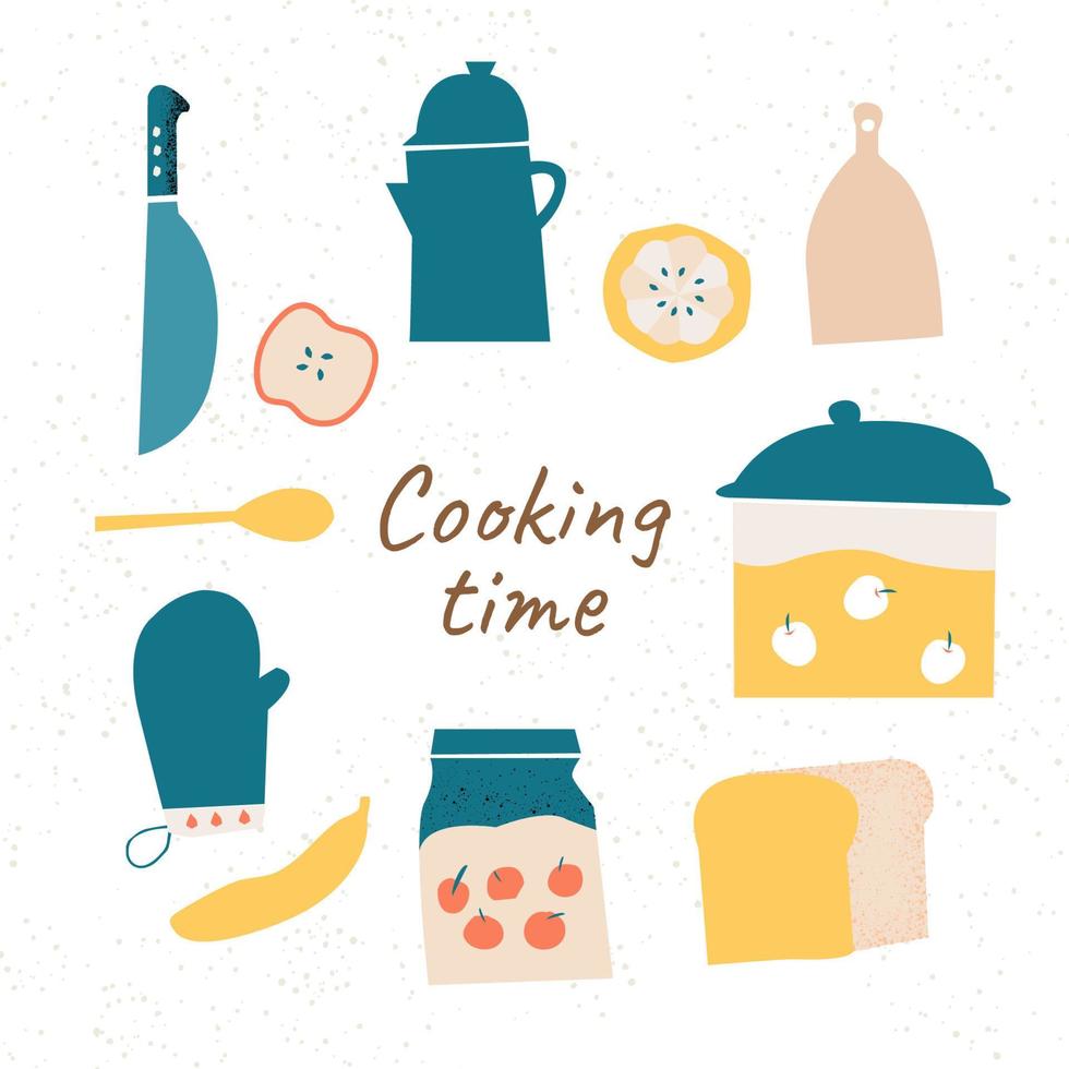 set of cooking time kitchen tool with ingredients illustration vector