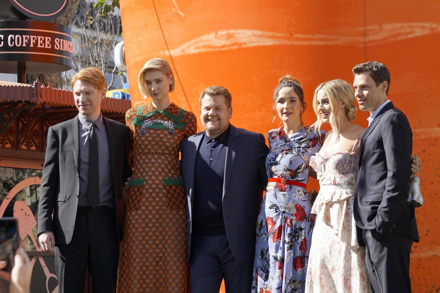 LOS ANGELES - FEB 3  Domhnall Gleeson, Elizabeth Debicki, James Corden, Rose Byrne, Margot Robbie, Will Gluck at the  Peter Rabbit  Premiere at the Pacific Theaters at The Grove on February 3, 2018 in Los Angeles, CA photo
