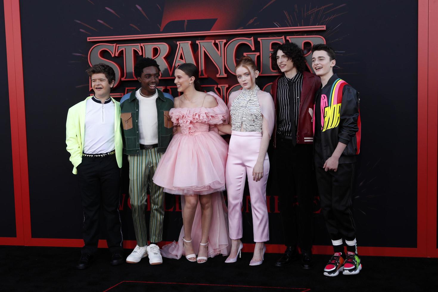 LOS ANGELES - JUN 28  Gaten Matarazzo, Caleb McLaughlin, Millie Bobby Brown, Sadie Sink, Finn Wolfhard, Noah Schnapp at the  Stranger Things  Season 3 World Premiere at the Santa Monica High School on June 28, 2019 in Santa Monica, CA photo