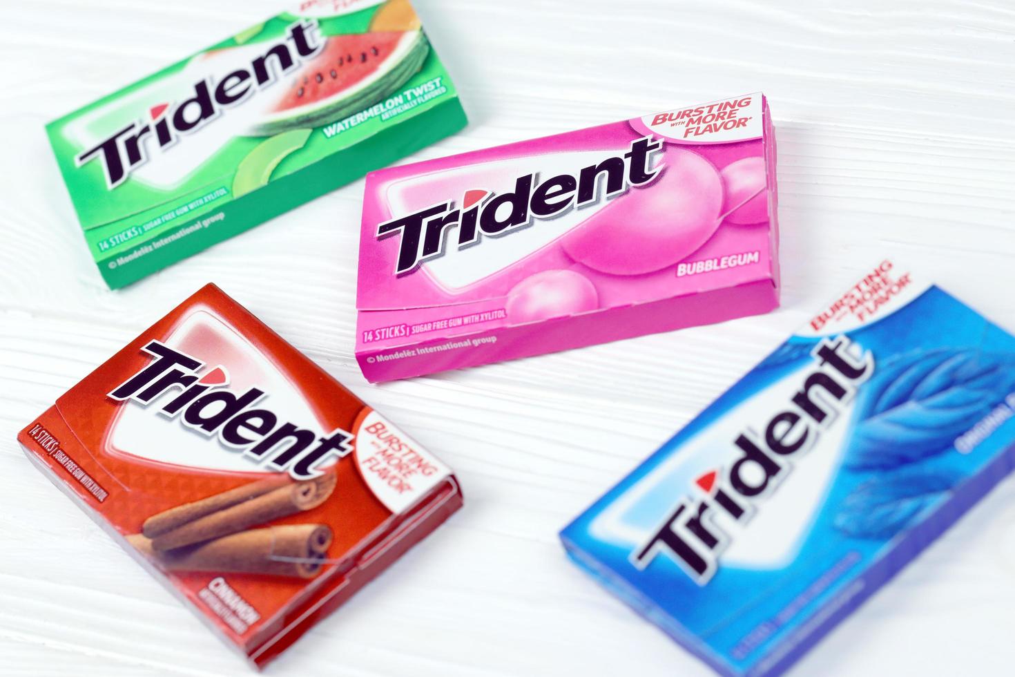 KHARKIV, UKRAINE - MARCH 15, 2021 Packs of Trident gums. Trident was introduced in 1964 as one of the first patented sugarless gums photo